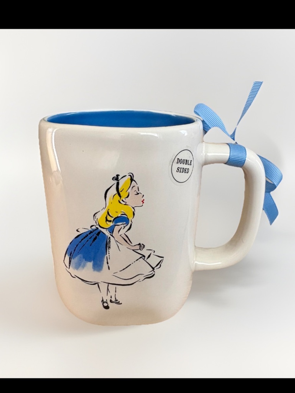 NWT RAE DUNN Alice in Wonderland 2-Side Ceramic Mug White/Blue Handle DISNEY Y2K